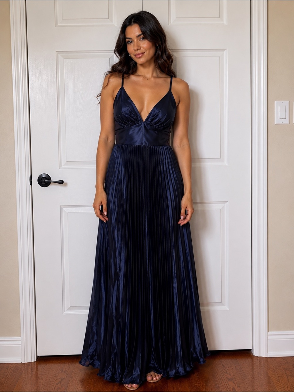 Elegant Navy Pleated Maxi Dress with V-Neck